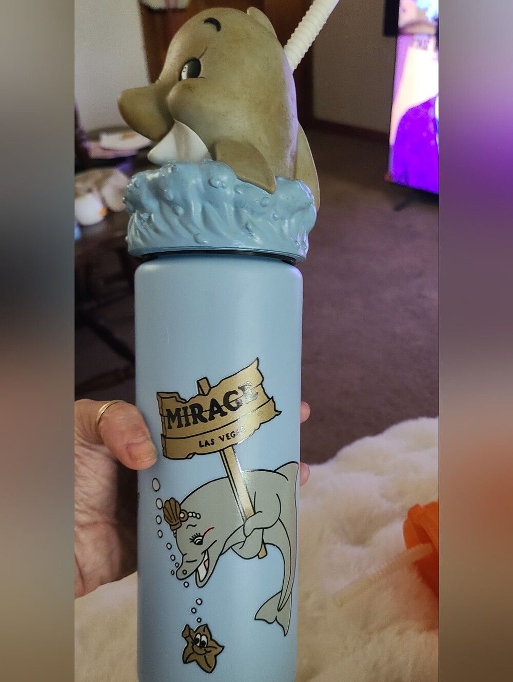 Vintage Collectible Mirage Las Vegas Light Blue Dolphin Water Bottle with Straw